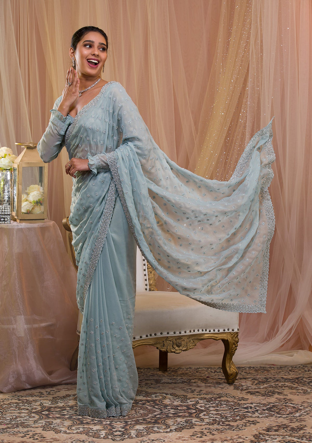 Sky Blue Silver Stonework Georgette Saree-Koskii
