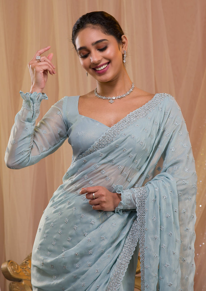 Sky Blue Silver Stonework Georgette Saree-Koskii