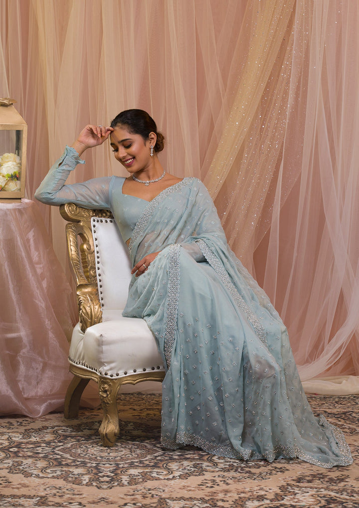 Sky Blue Silver Stonework Georgette Saree-Koskii