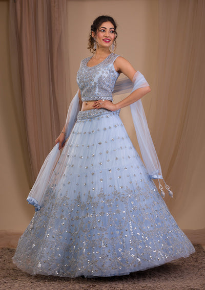 Sky Blue Stonework Net Readymade Lehenga-Koskii