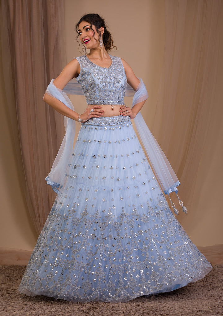 Sky Blue Stonework Net Readymade Lehenga-Koskii