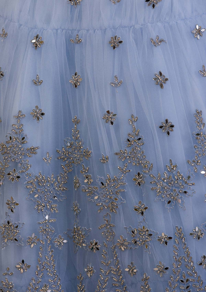 Sky Blue Stonework Net Readymade Lehenga-Koskii