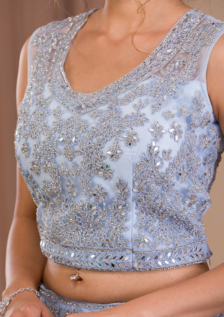 Sky Blue Stonework Net Readymade Lehenga-Koskii
