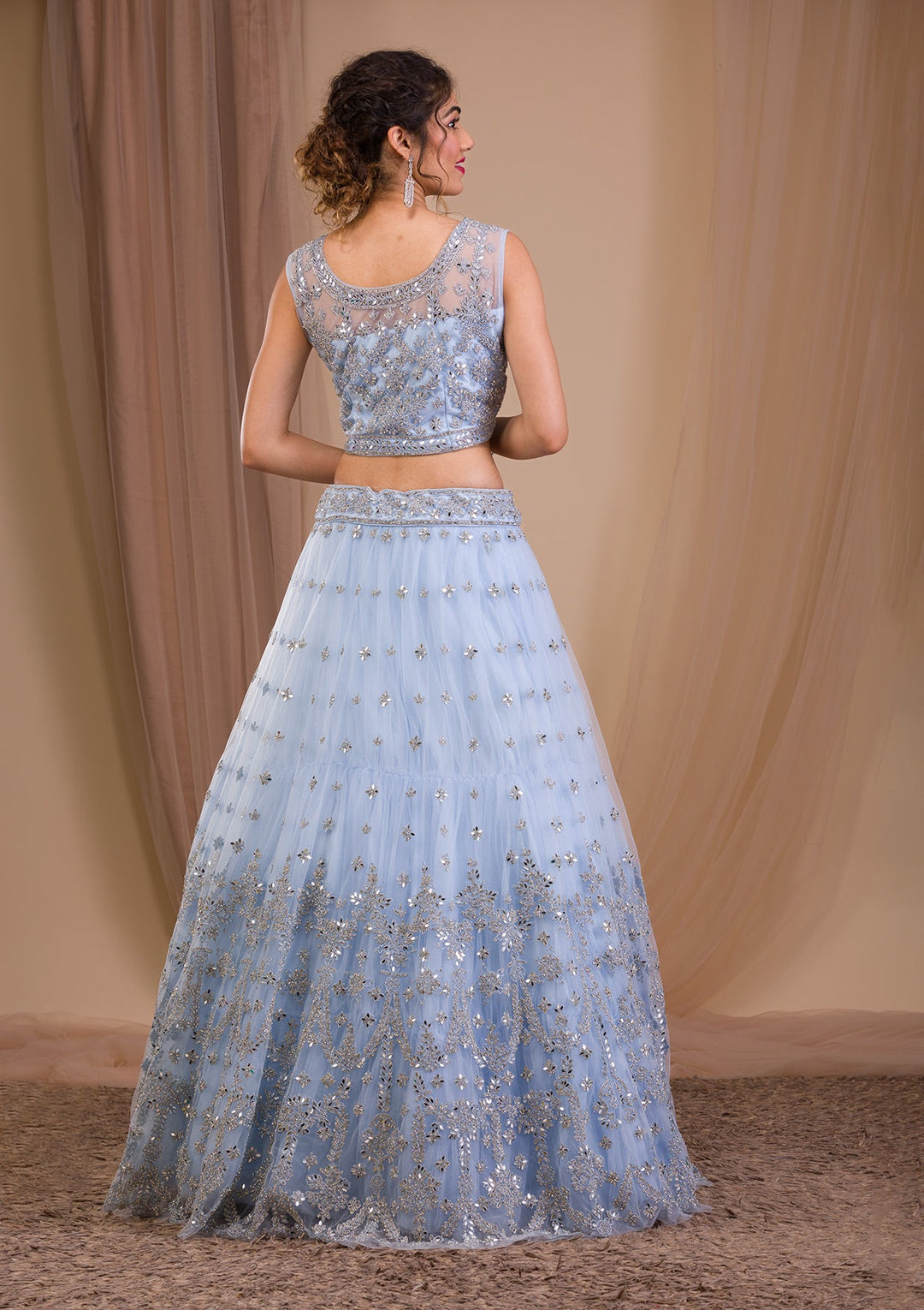 Sky Blue Stonework Net Readymade Lehenga-Koskii