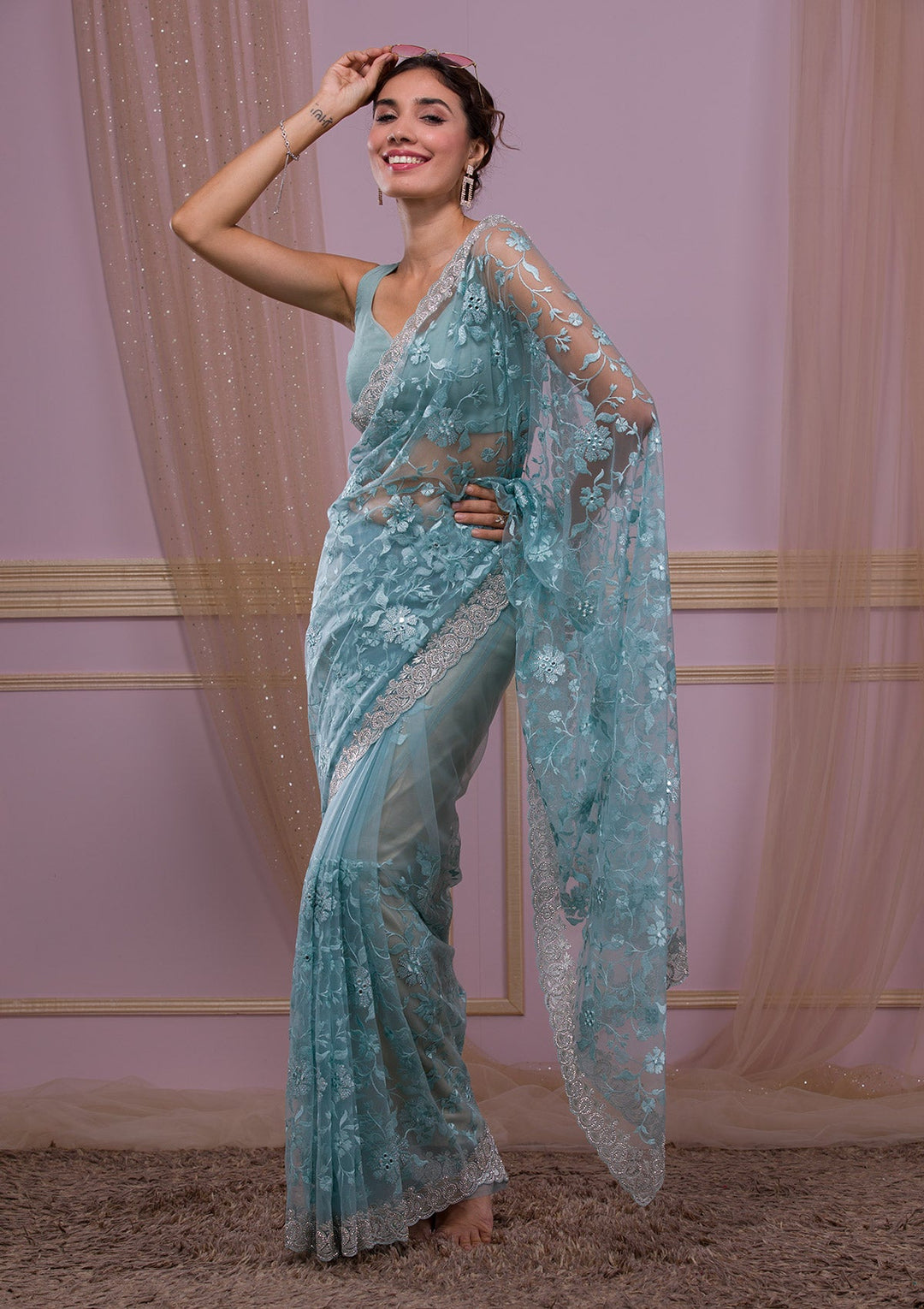 Sky Blue Stonework Net Designer Saree-Koskii