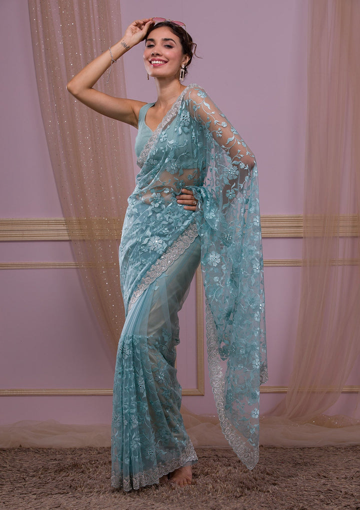 Sky Blue Stonework Net Designer Saree-Koskii