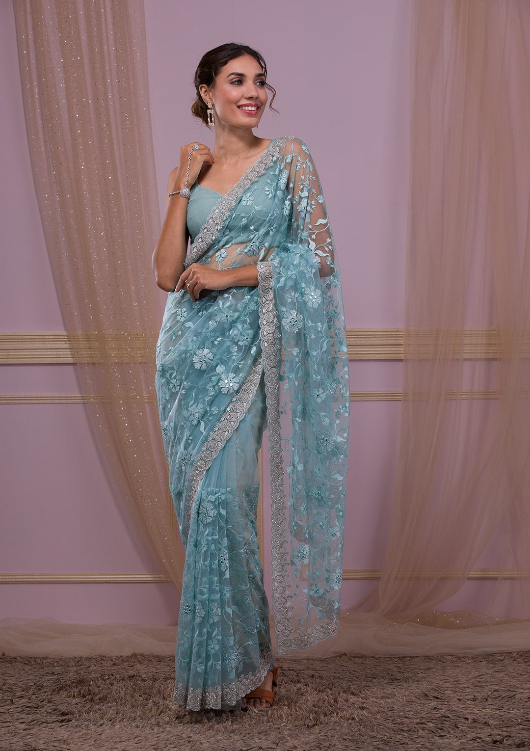 Sky Blue Gotapatti Organza Designer Saree-Koskii