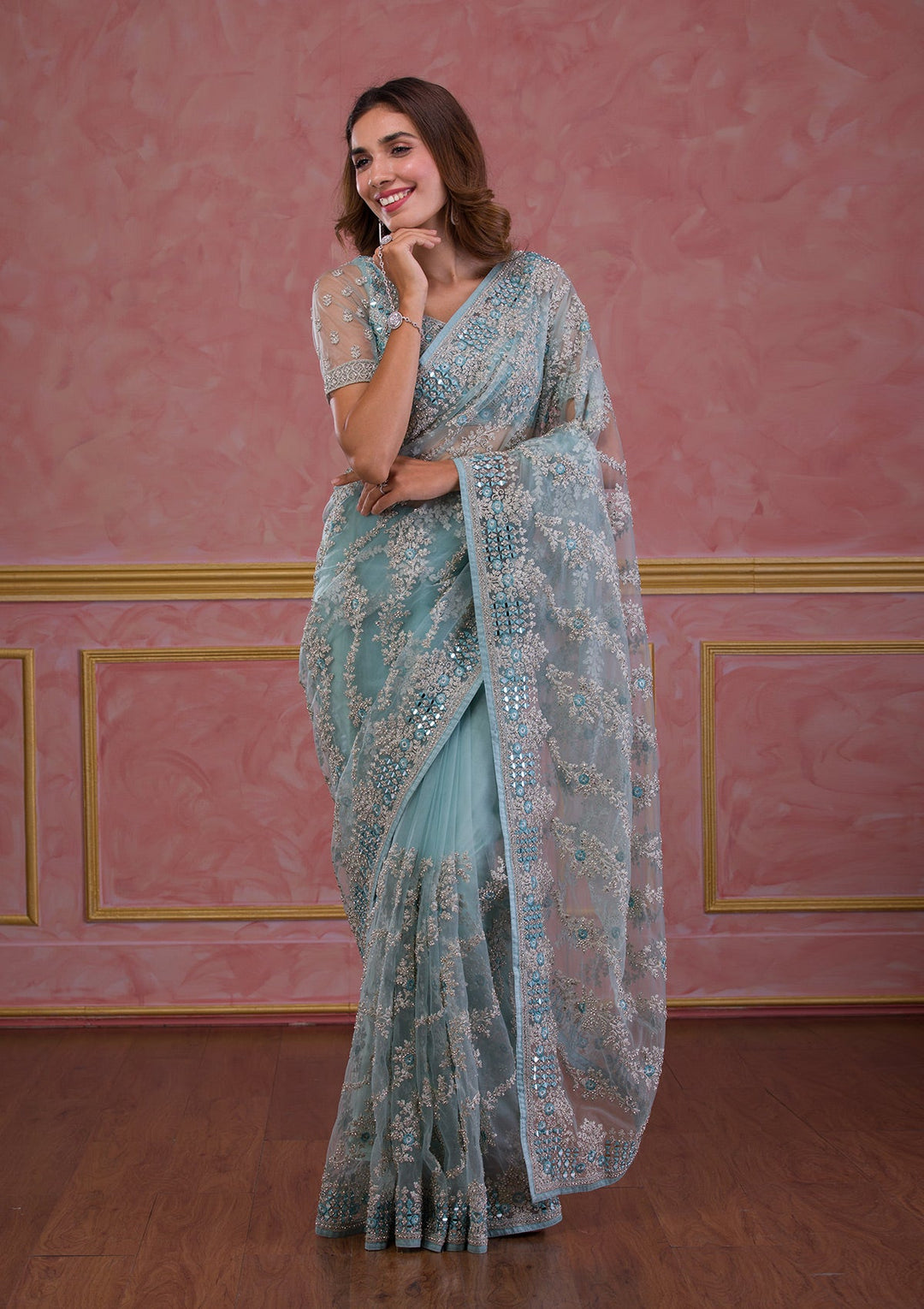 Dark Grey Swarovski Georgette Designer Saree-Koskii