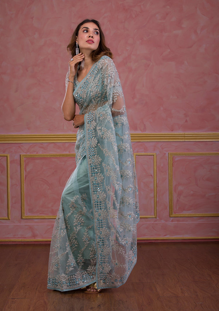 Dark Grey Swarovski Georgette Designer Saree-Koskii