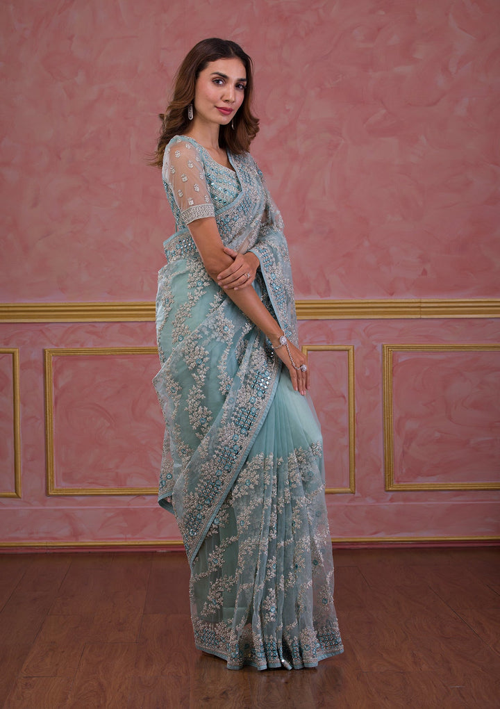Dark Grey Swarovski Georgette Designer Saree-Koskii