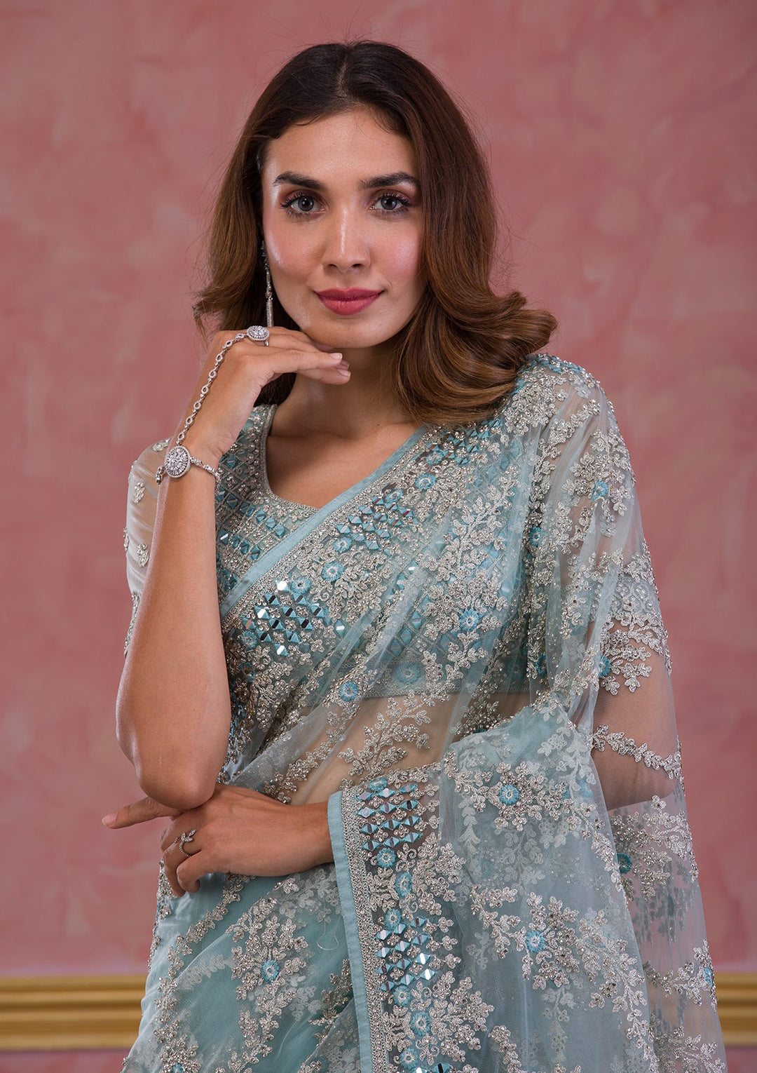 Dark Grey Swarovski Georgette Designer Saree-Koskii