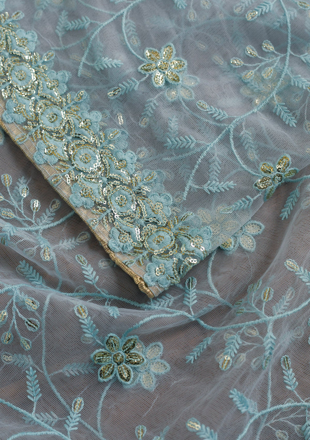 Sky Blue Threadwork Net Dupatta-Koskii