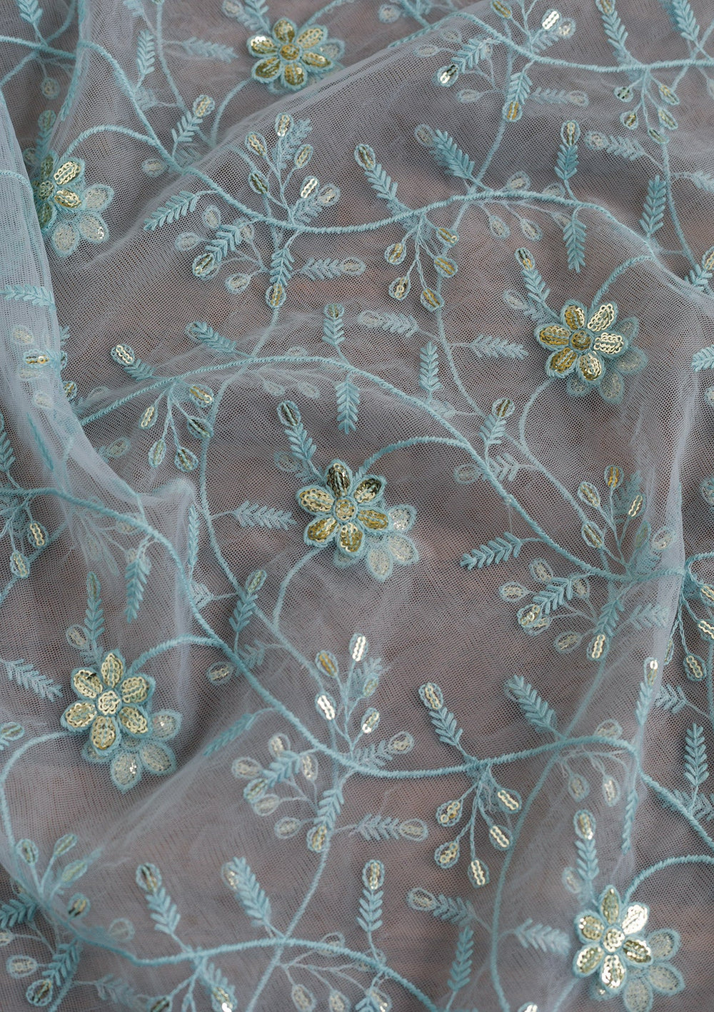 Sky Blue Threadwork Net Dupatta-Koskii