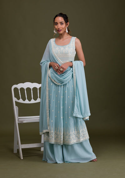 Sky Blue Threadwork Georgette Readymade Salwar Suit-Koskii