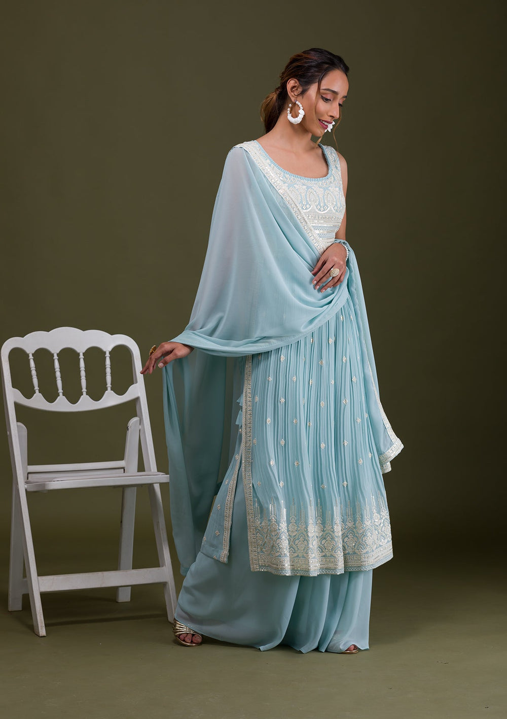 Sky Blue Threadwork Georgette Readymade Salwar Suit-Koskii
