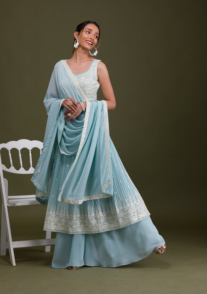 Sky Blue Threadwork Georgette Readymade Salwar Suit-Koskii