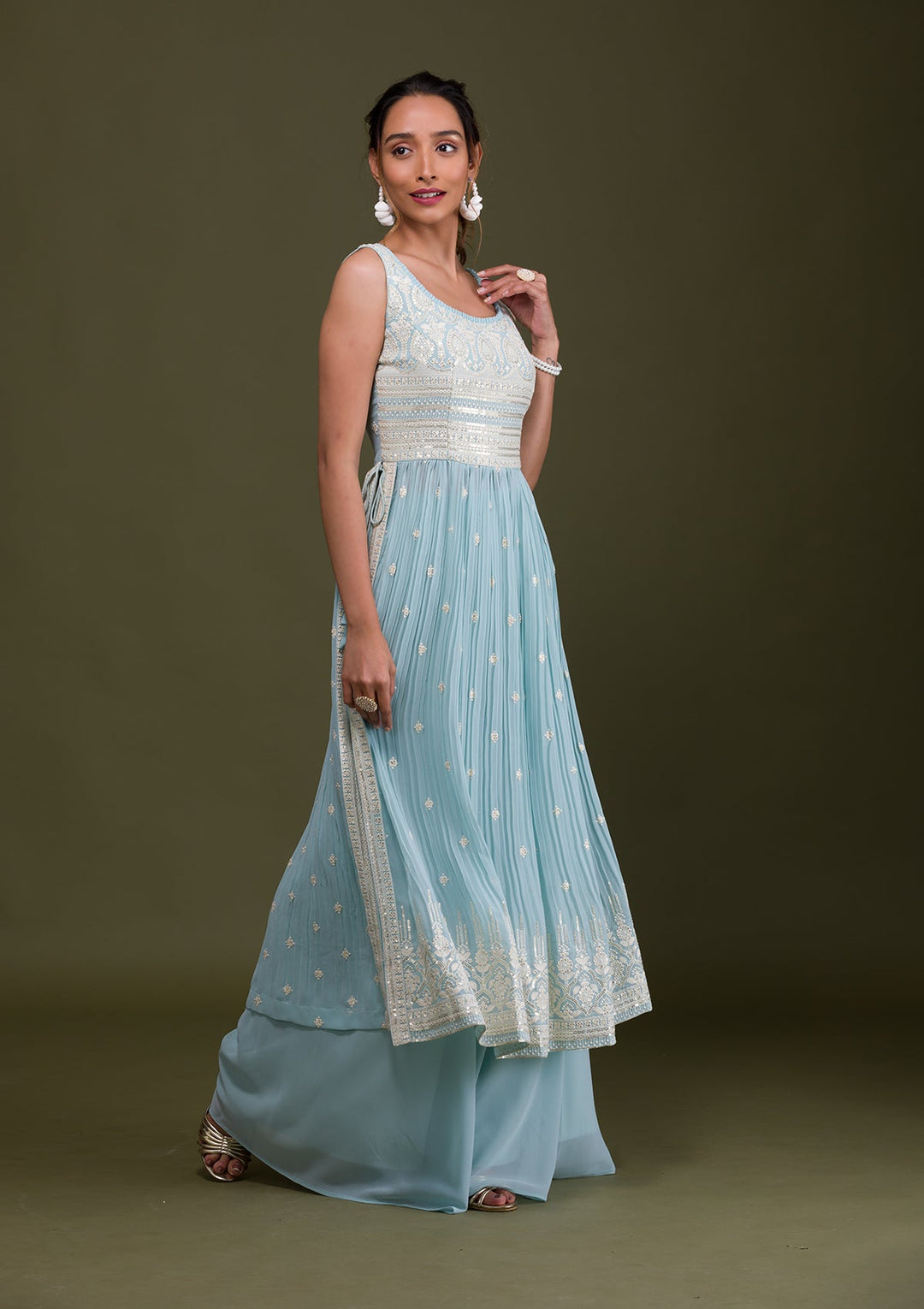 Sky Blue Threadwork Georgette Readymade Salwar Suit-Koskii