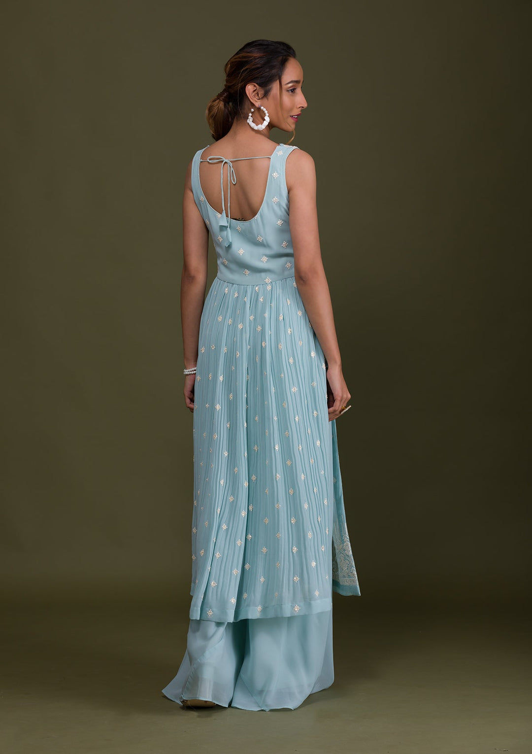 Sky Blue Threadwork Georgette Readymade Salwar Suit-Koskii