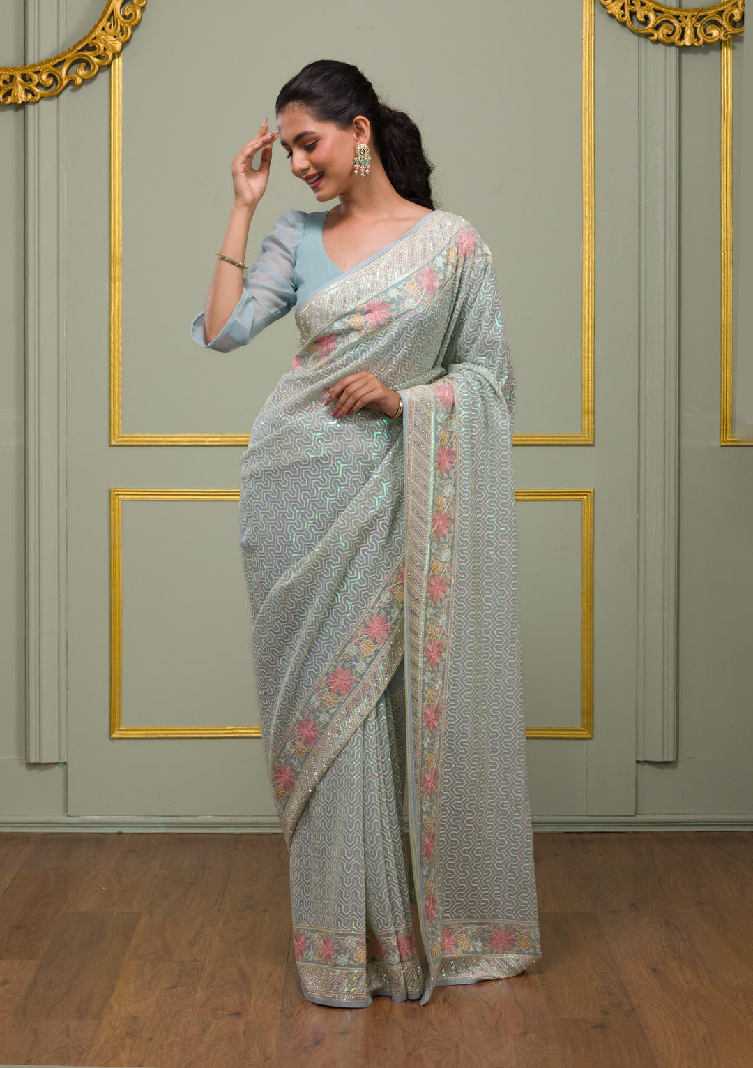 Sky Blue Threadwork Georgette Saree-Koskii