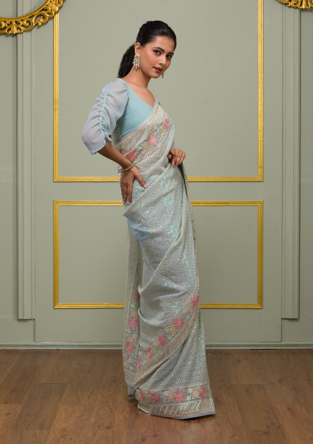 Sky Blue Threadwork Georgette Saree-Koskii