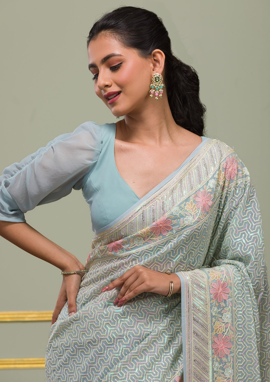 Sky Blue Threadwork Georgette Saree-Koskii