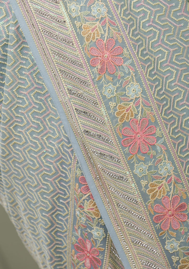 Sky Blue Threadwork Georgette Saree-Koskii