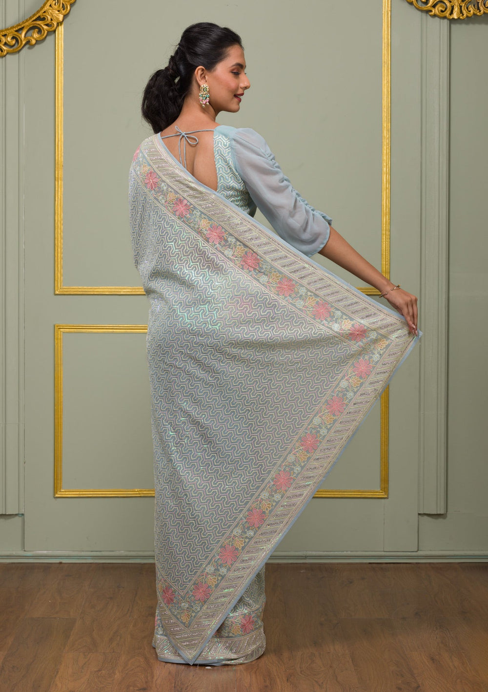 Sky Blue Threadwork Georgette Saree-Koskii