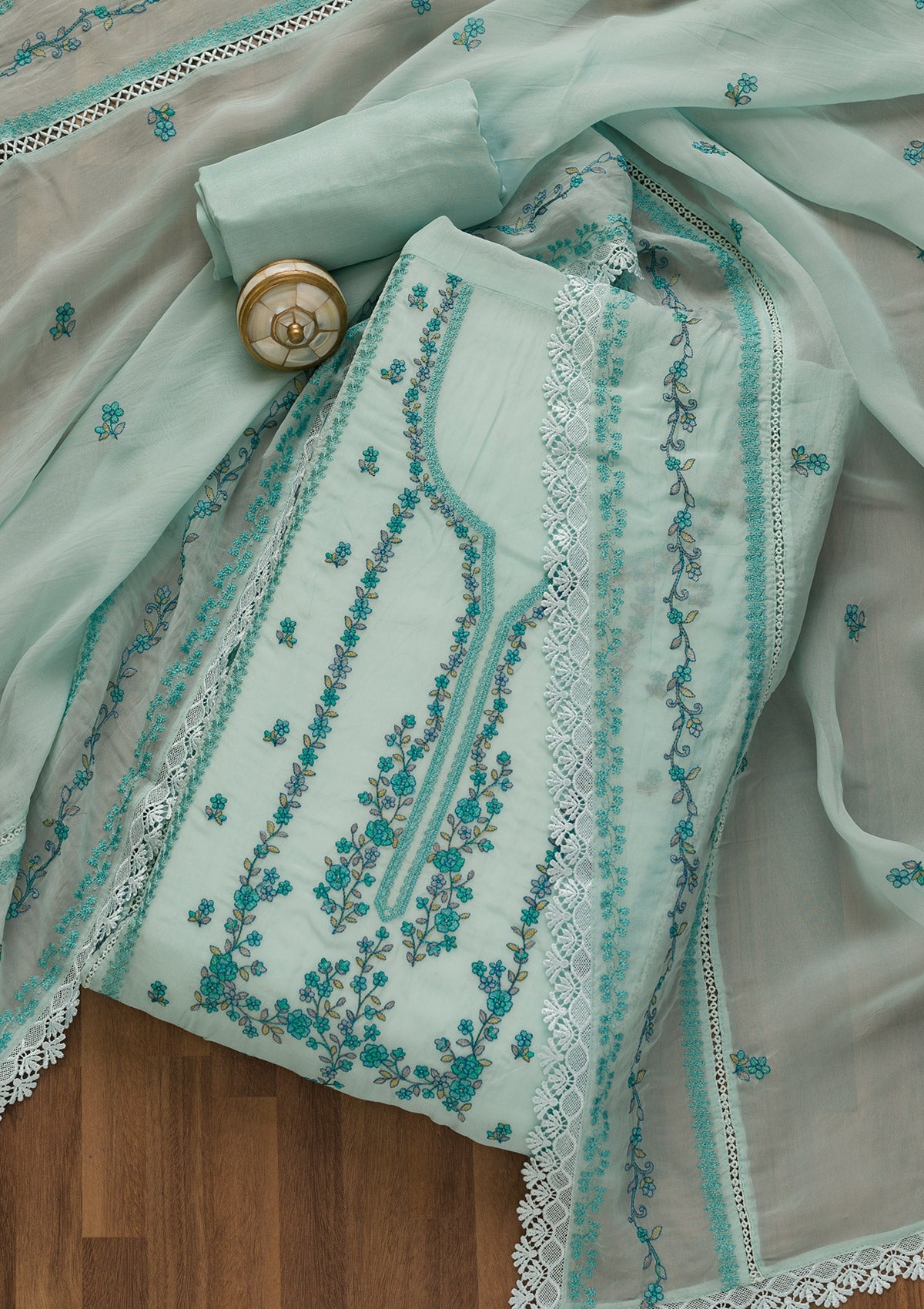 Sky Blue Threadwork Tissue Unstitched Salwar Kameez-Koskii