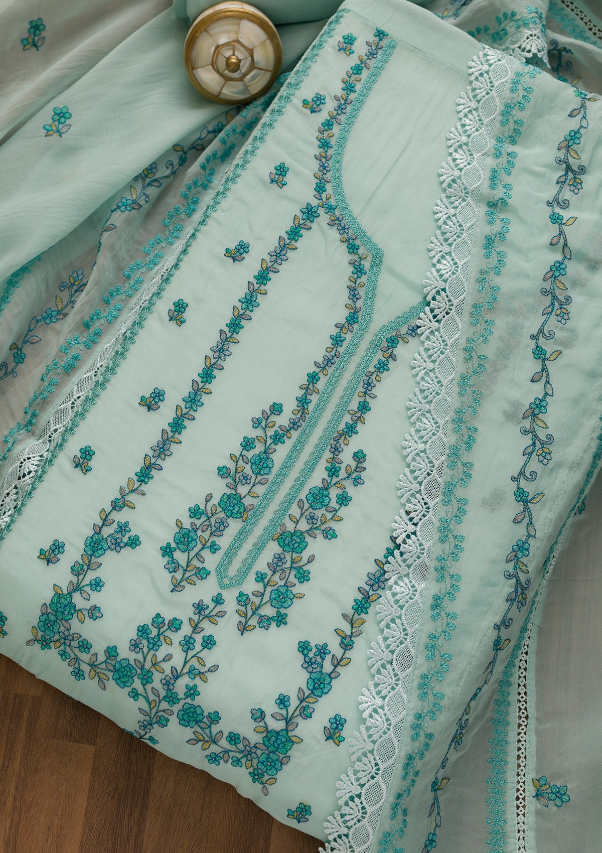 Sky Blue Threadwork Tissue Unstitched Salwar Kameez-Koskii