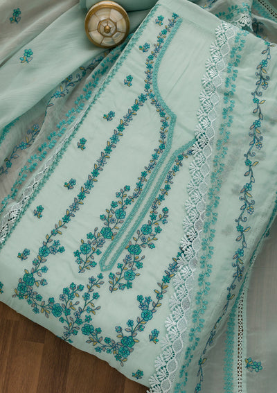 Sky Blue Threadwork Tissue Unstitched Salwar Kameez-Koskii