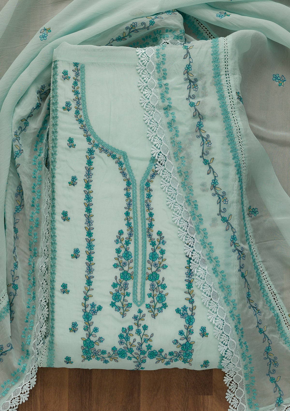 Sky Blue Threadwork Tissue Unstitched Salwar Kameez-Koskii