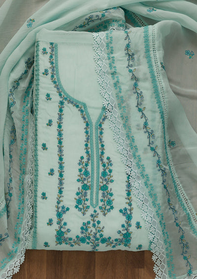Sky Blue Threadwork Tissue Unstitched Salwar Kameez-Koskii