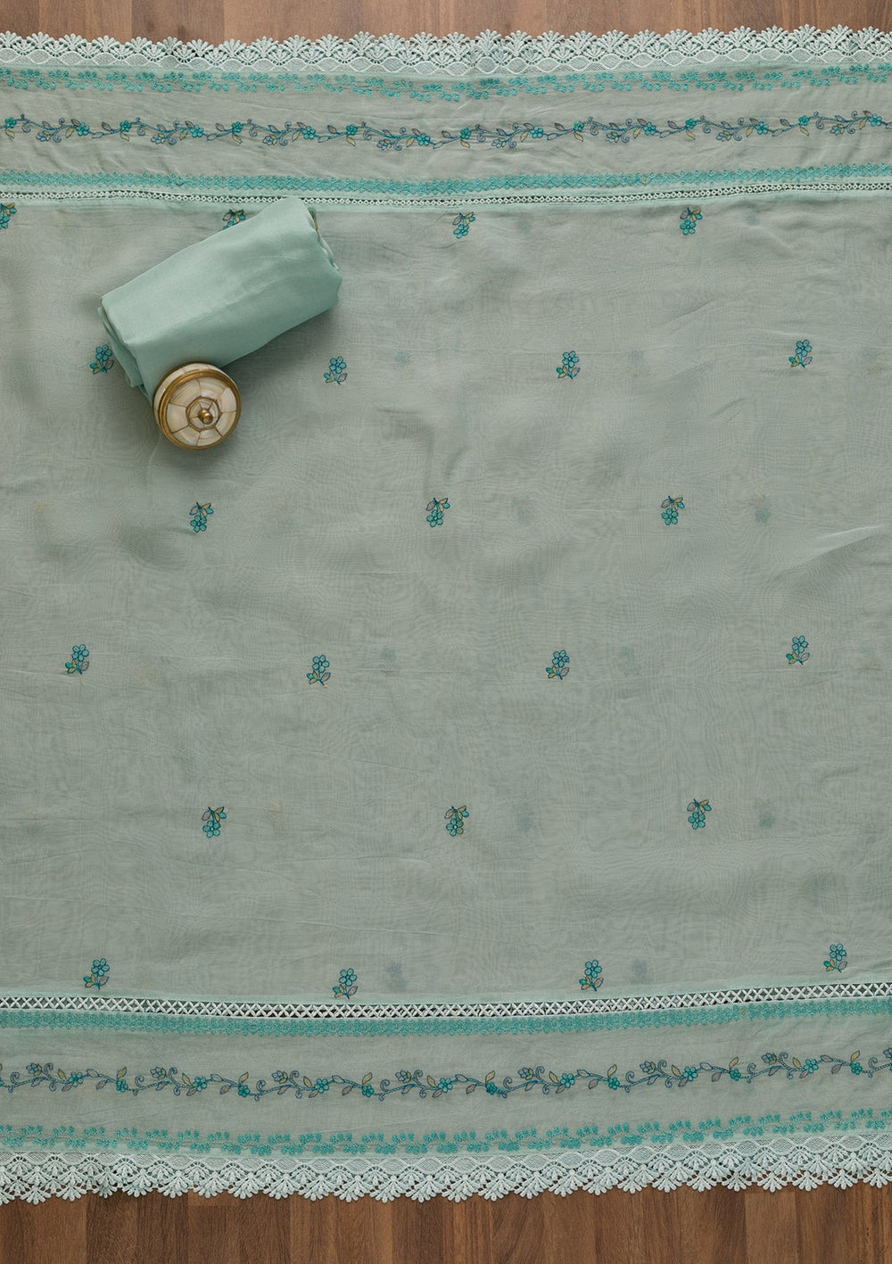 Sky Blue Threadwork Tissue Unstitched Salwar Kameez-Koskii
