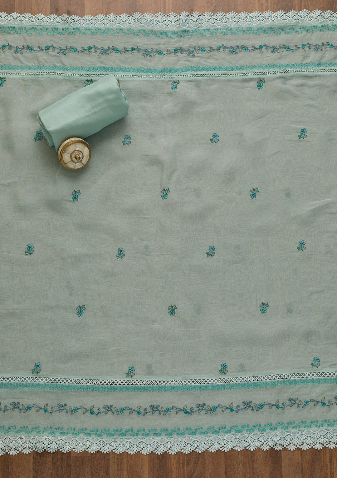 Sky Blue Threadwork Tissue Unstitched Salwar Kameez-Koskii