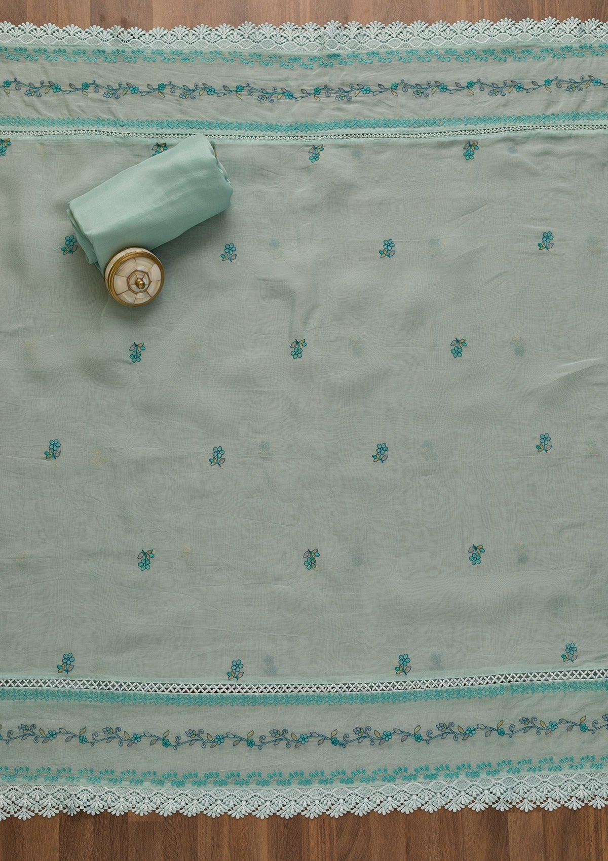 Sky Blue Threadwork Tissue Unstitched Salwar Kameez-Koskii