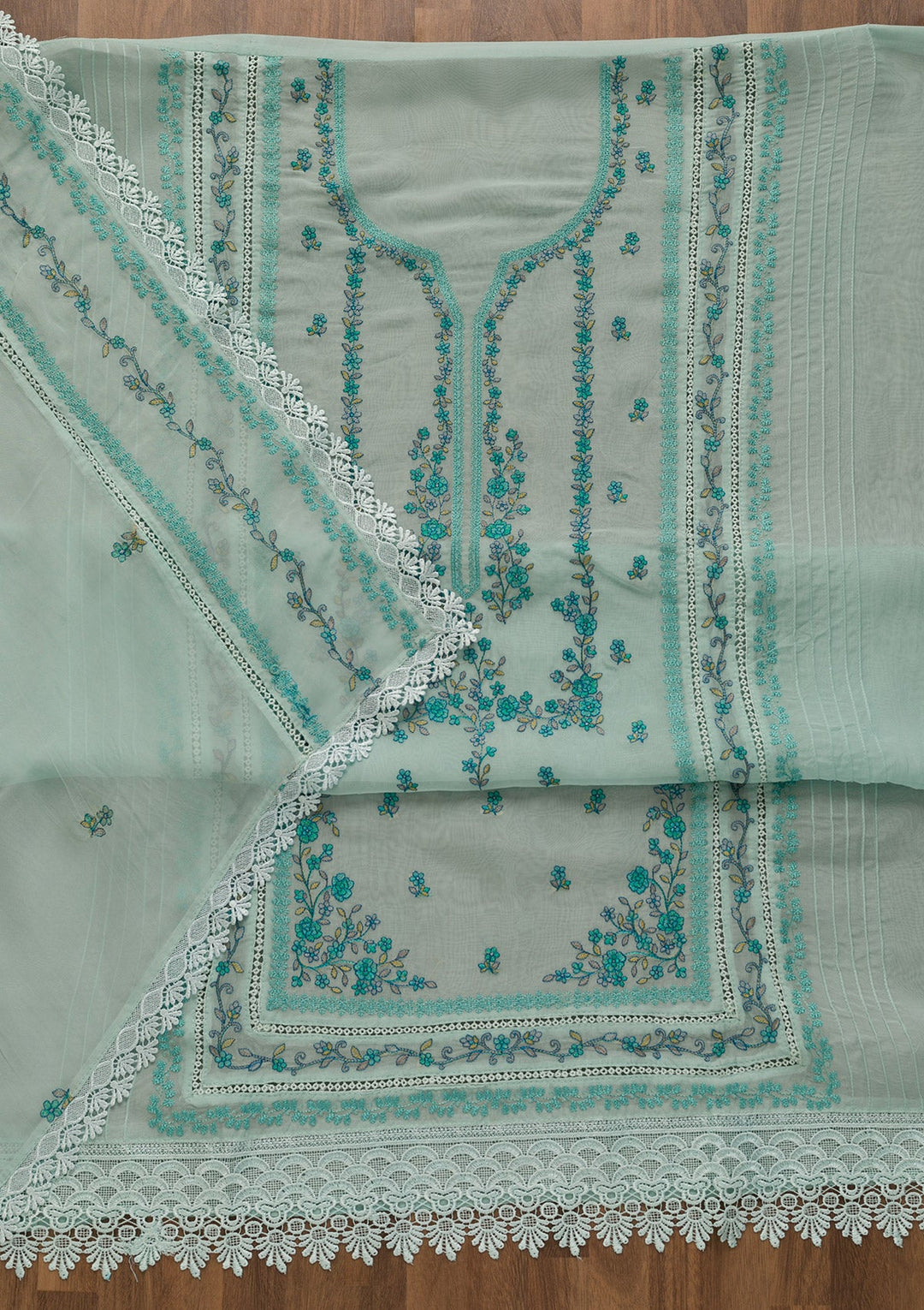 Sky Blue Threadwork Tissue Unstitched Salwar Kameez-Koskii