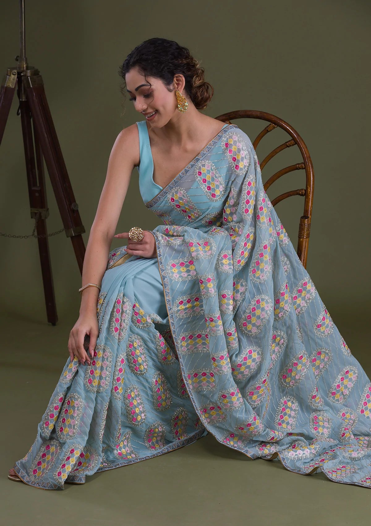 Sky Blue Zariwork Georgette Saree-Koskii