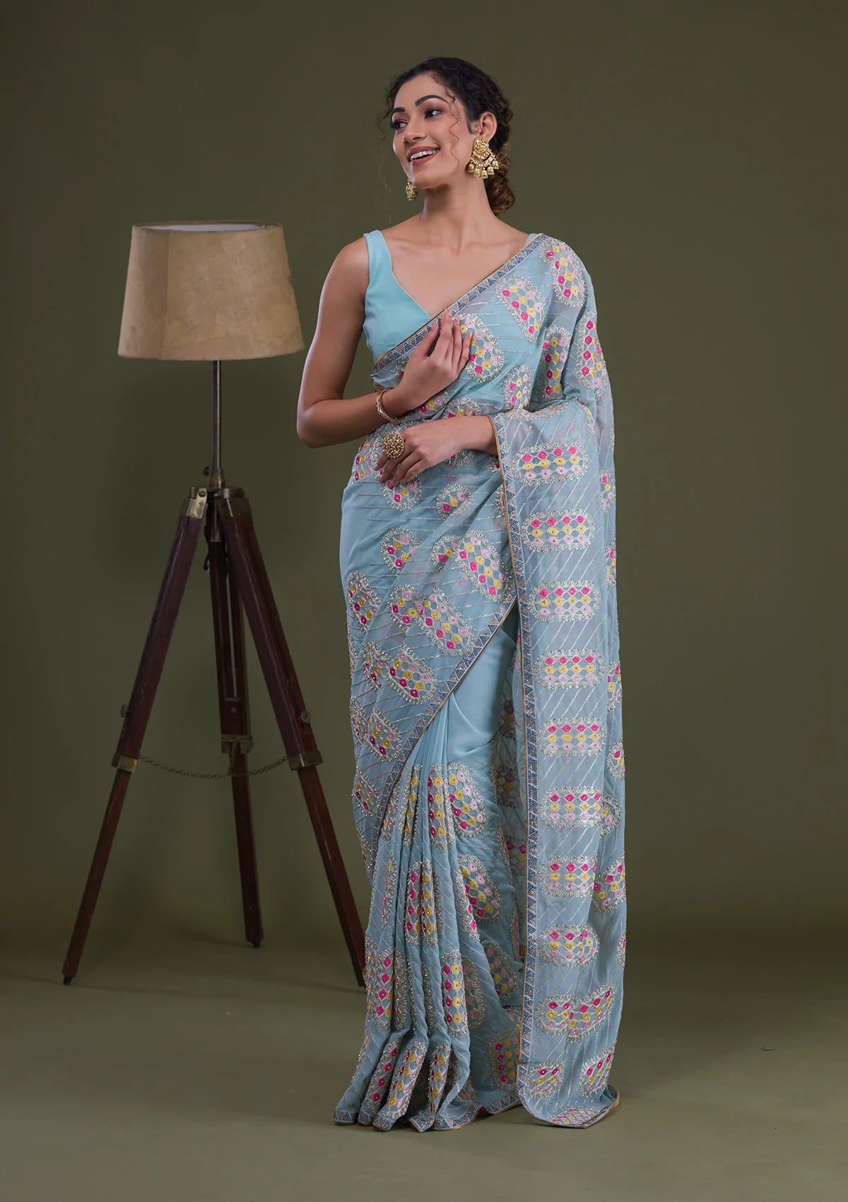 Sky Blue Zariwork Georgette Saree-Koskii