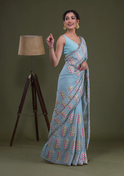 Sky Blue Zariwork Georgette Saree-Koskii