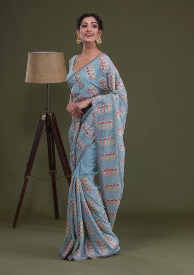 Sky Blue Zariwork Georgette Saree-Koskii