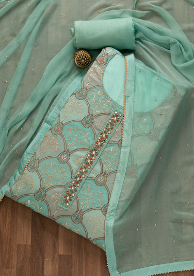 Sky Blue Zariwork Poly Chanderi Unstitched Salwar Kameez-Koskii