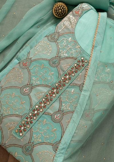 Sky Blue Zariwork Poly Chanderi Unstitched Salwar Kameez-Koskii