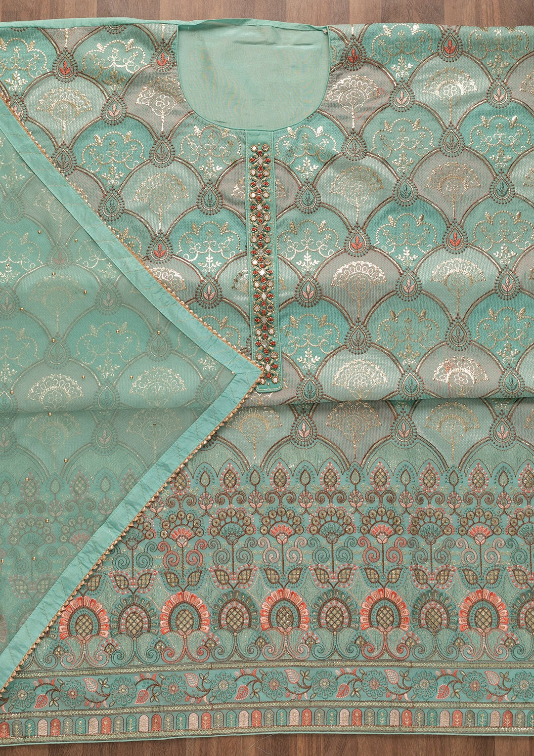 Sky Blue Zariwork Poly Chanderi Unstitched Salwar Kameez-Koskii