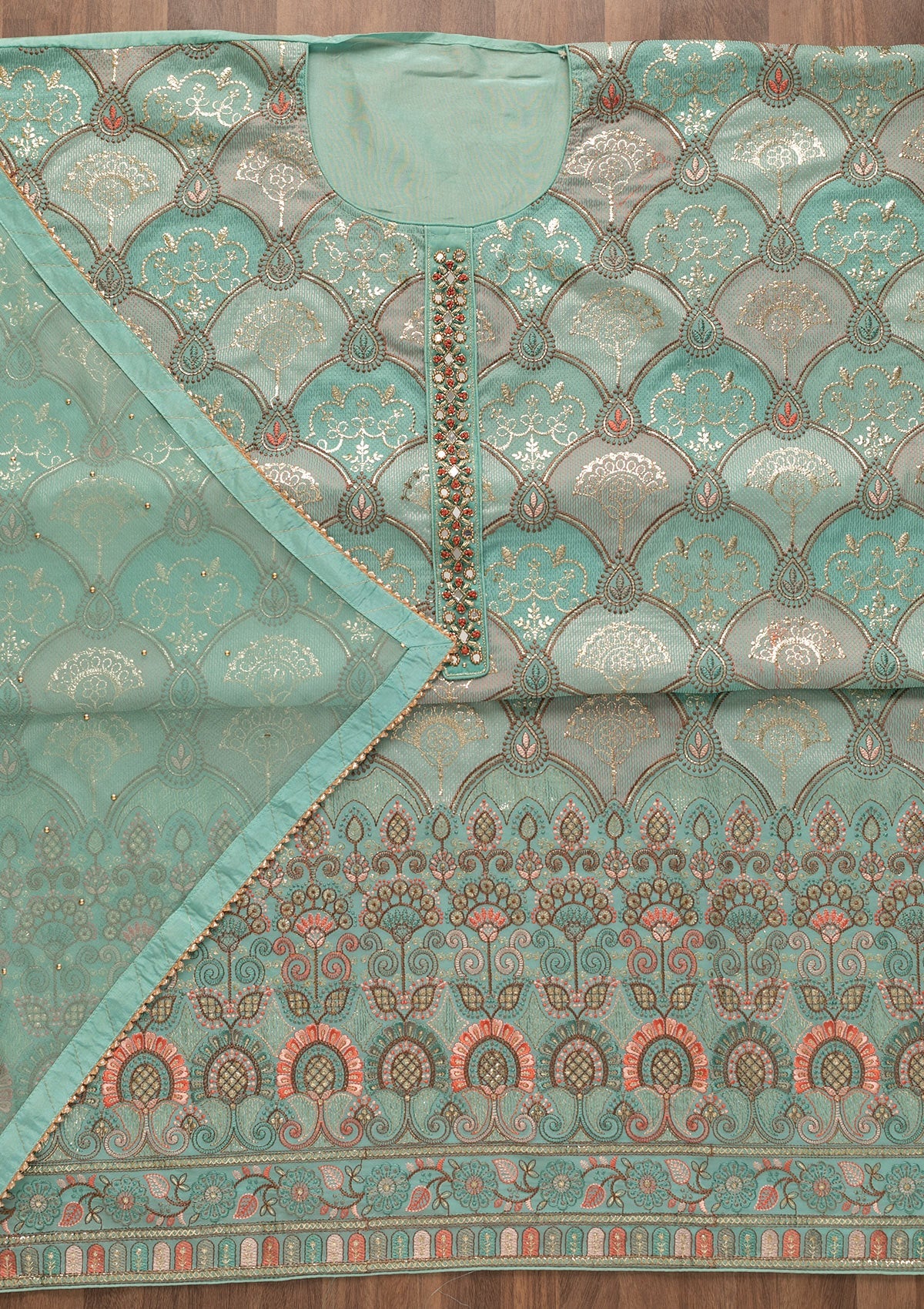 Sky Blue Zariwork Poly Chanderi Unstitched Salwar Kameez-Koskii