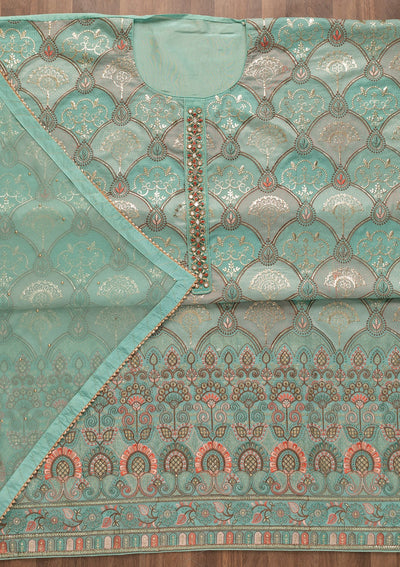 Sky Blue Zariwork Poly Chanderi Unstitched Salwar Kameez-Koskii