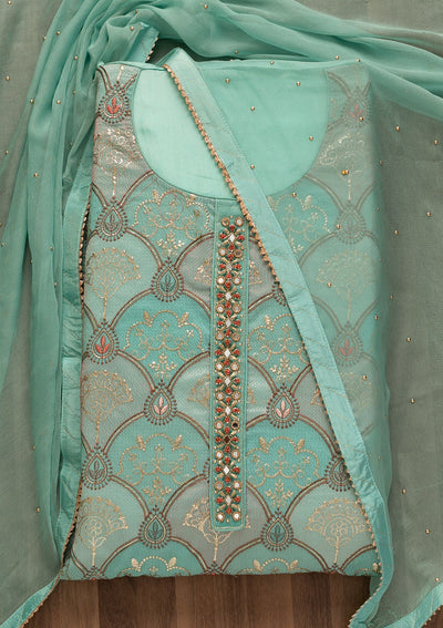 Sky Blue Zariwork Poly Chanderi Unstitched Salwar Kameez-Koskii