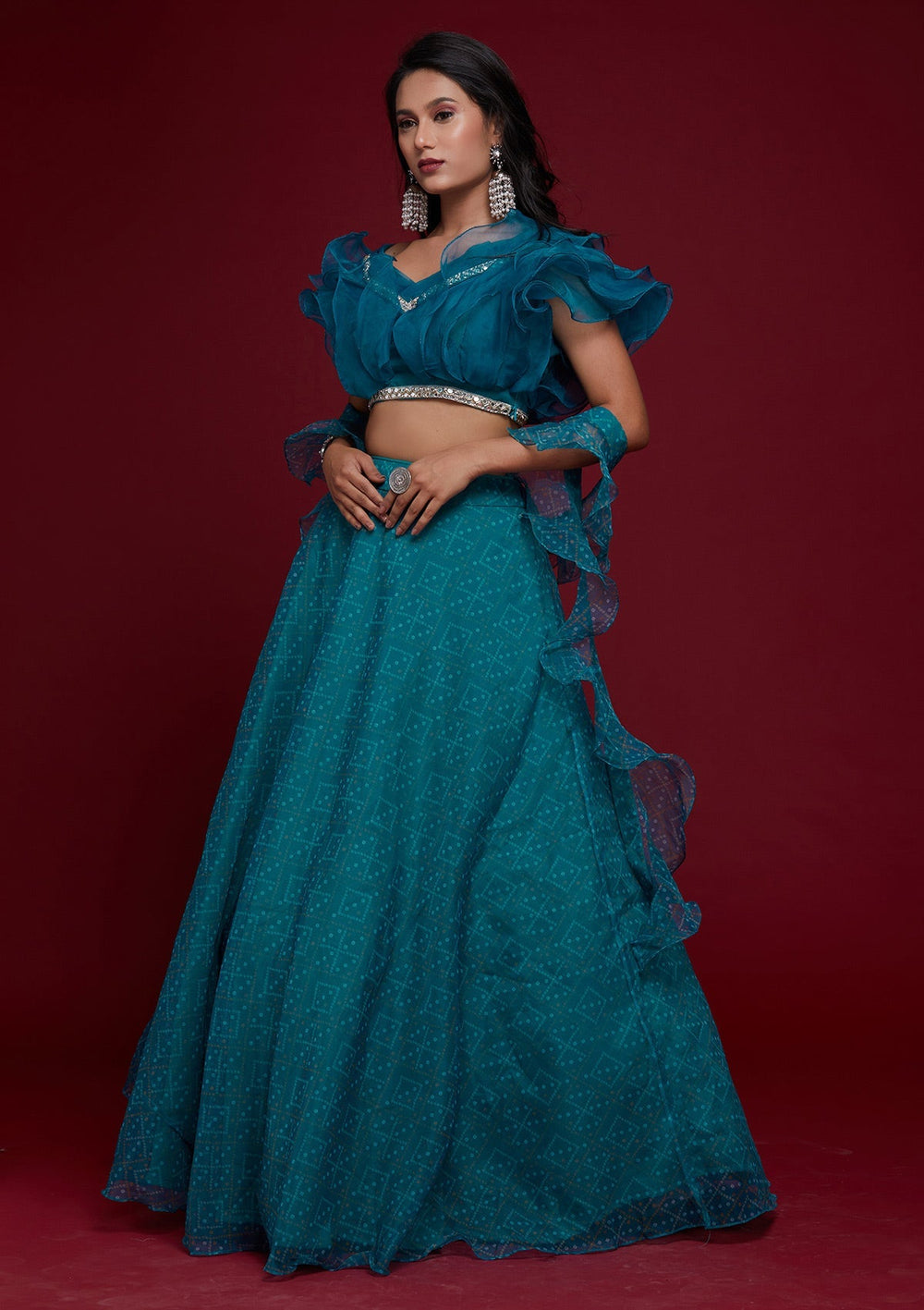 Turquoise Blue Printed Tissue Designer Lehenga-Koskii