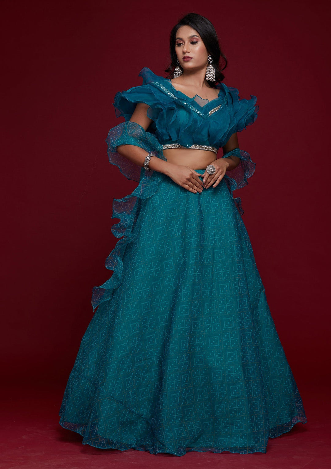 Turquoise Blue Printed Tissue Designer Lehenga-Koskii