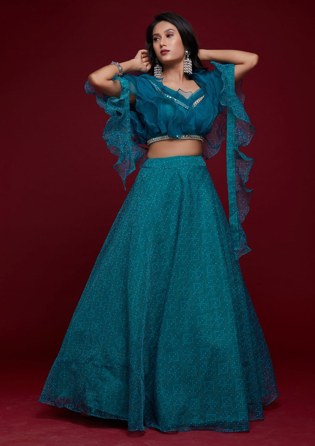 Turquoise Blue Printed Tissue Designer Lehenga-Koskii