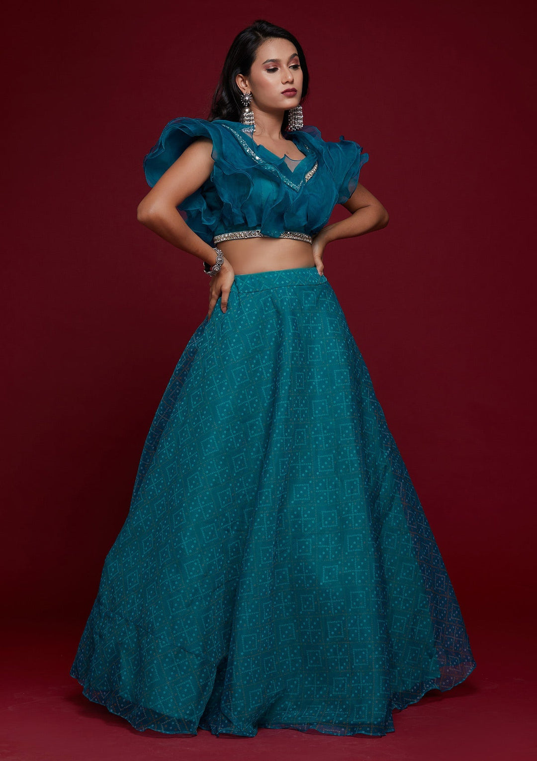 Turquoise Blue Printed Tissue Designer Lehenga-Koskii